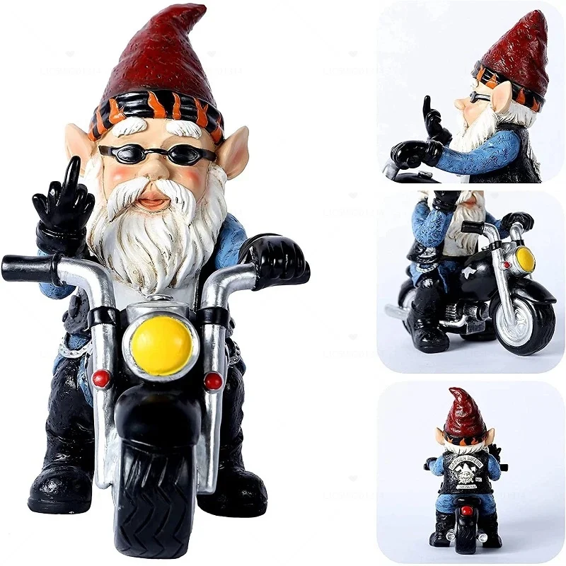 

Dwarf Motorcycle Riding Statue White Beard Gnome Sculpture Resin Crafts Outdoor Yard Lawn Ornament Garden Decor Home Decoration