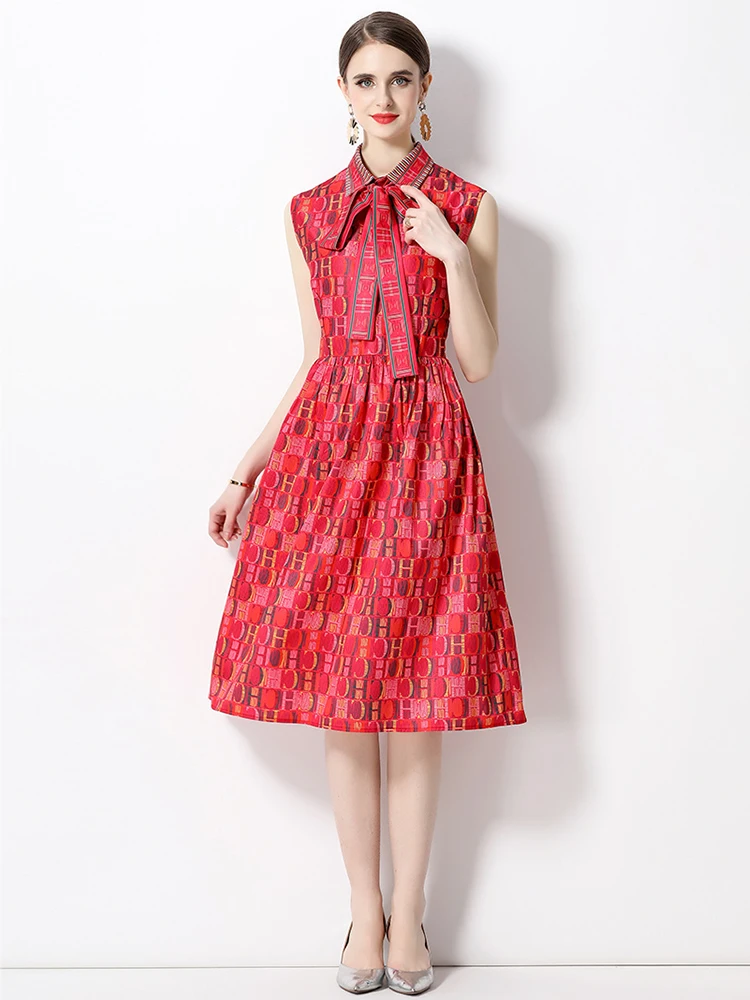 

Summer Fashion Letter Print Runway Dress Women's Sleeveless Lapel Collar Belt Lace Up Office Lady Casual Midi Vestidos M2052
