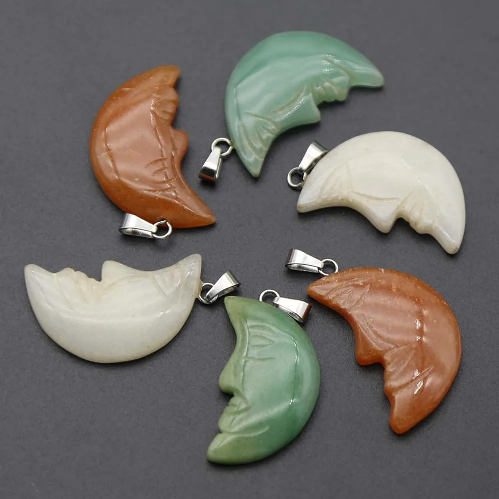 High Quality Natural Stone Carved Moon Face Pendants Fashion Charms Mineral Healing Necklaces Jewelry Accessories Wholesale 8Pcs