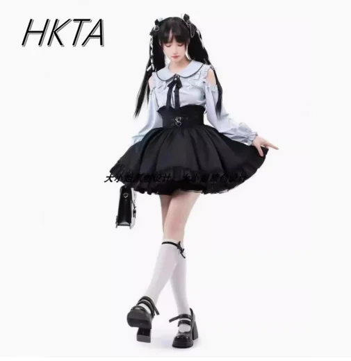 Милая крутая блузка с открытыми плечами и пышными рукавами кукольный воротник