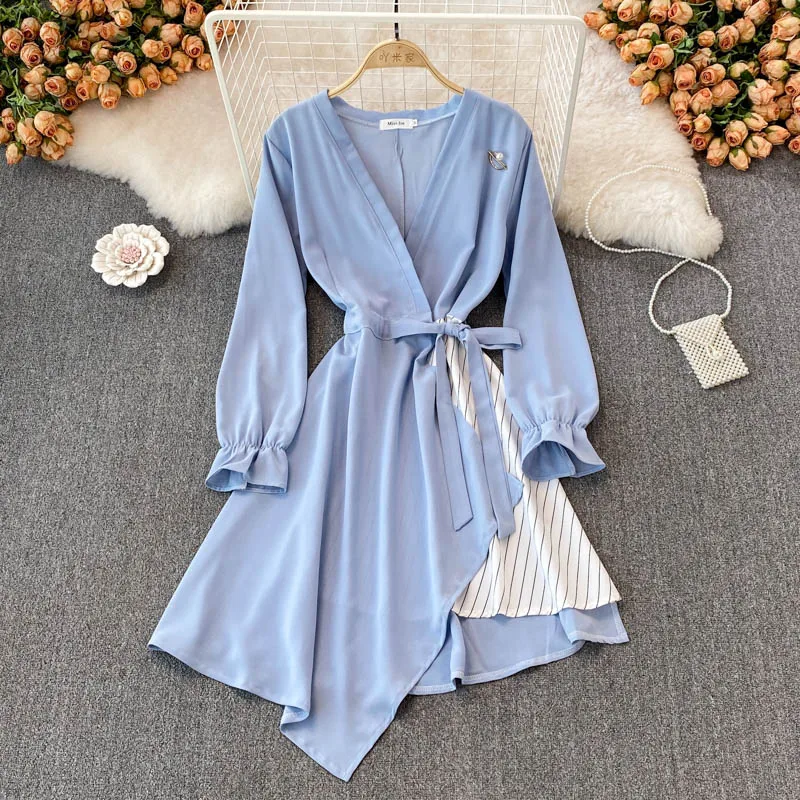 

Fitaylor Spring Autumn New Female Casual Fashion Medium Long Striped Irregular A-line Dresses Women Long Sleeved V-neck Dress