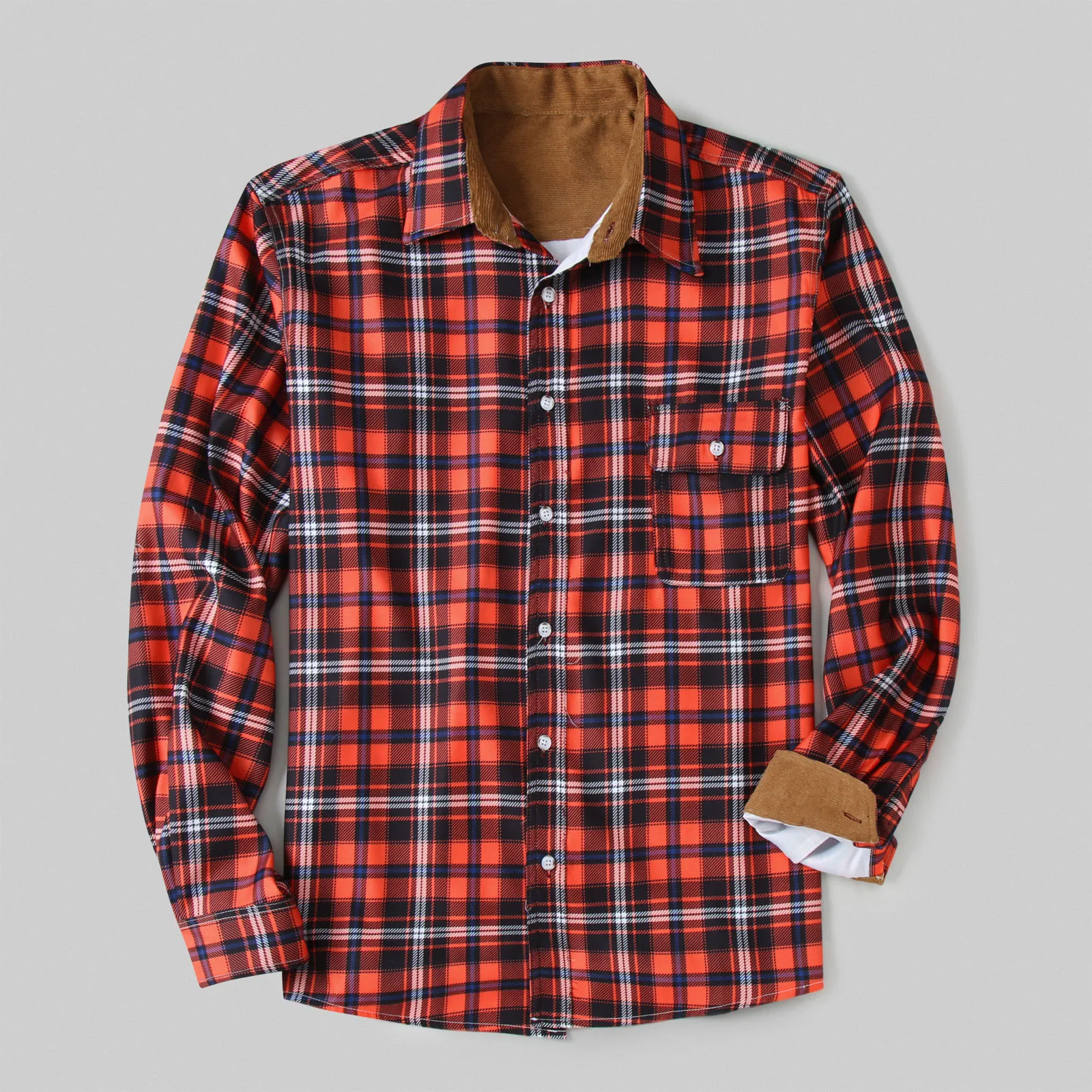 

Men's Spring And Autumn Plaid Stitching Long Sleeved Casual Turndown Collar Streetwear Fashion Shirts Tops Geometric Baggy