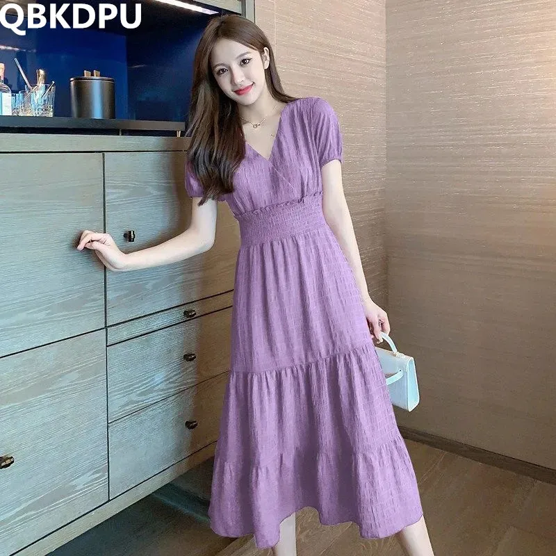 

Oversized V-Neck Mid-Calf A-Line Dress Women Summer Slim Elegant Ruffles Vestido Korean Fashion Vestidos Beach Causal Robe New
