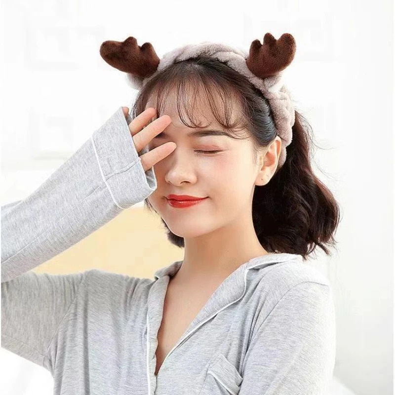 

Модная повязка для волос на лицо, повязка для волос, головной убор, ушки кролика, мягкий теплый бант, коралловый флис, олень, рог, аксессуары, ...