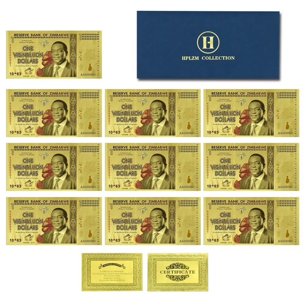 

10pcs/lot with Envelope One Vigintillion Dollars Zimbabwe Commemorative Gold Foil Banknotes 63 Zeros with UV Mark Home Decor