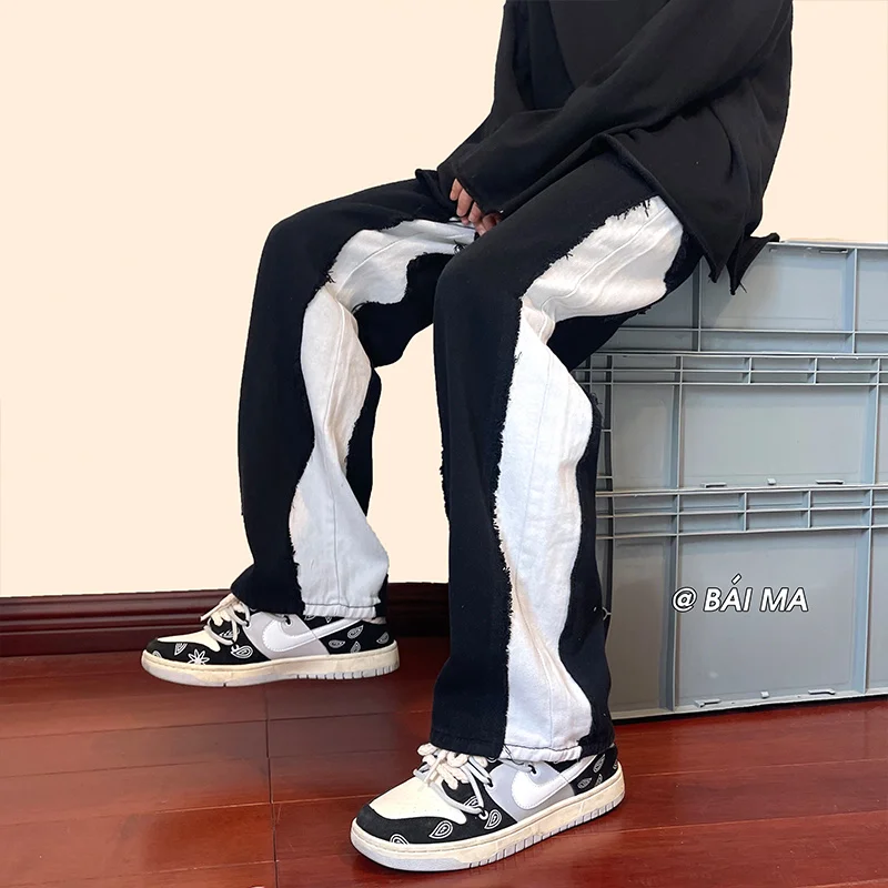 Pink Black Baggy Jeans Men Fashion Retro Harajuku Casual Straight Jeans Men Streetwear Hip Hop Loose Denim Pants Mens Trousers