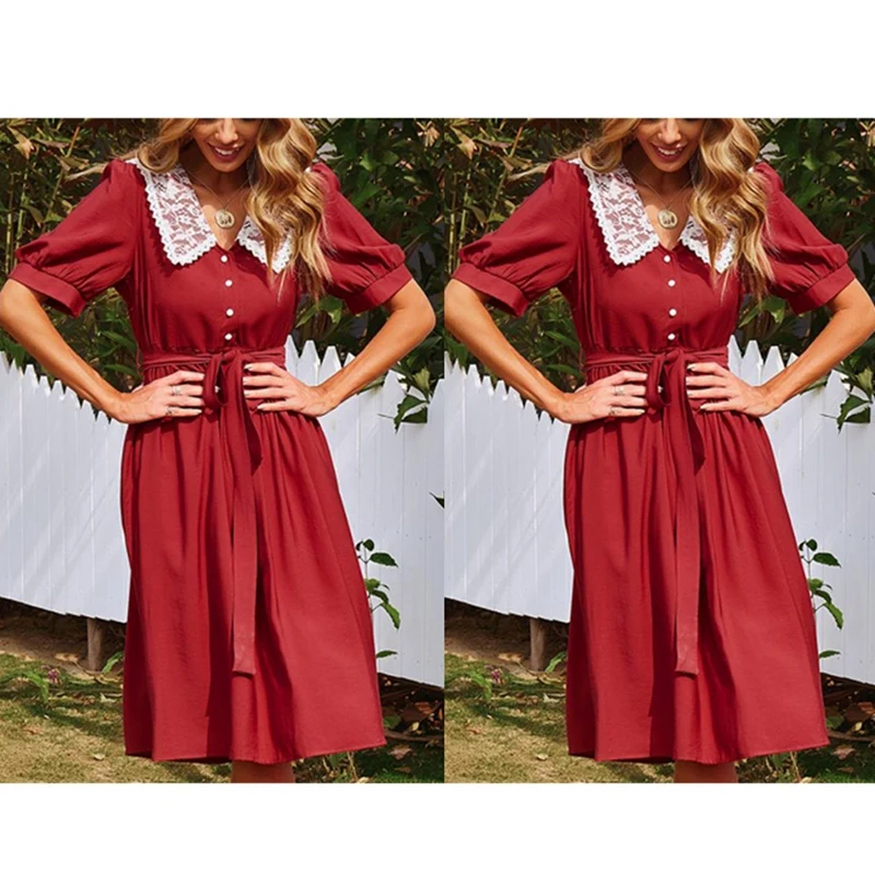 

Hot Kf-Women's Temperament Commuter Solid Color Short-Sleeve Elastic Waist Midi Skirt Red