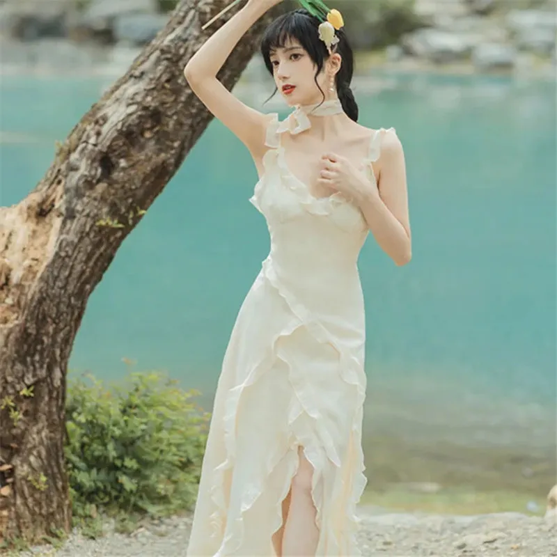 

Платье женское шифоновое с разрезом, однотонная Асимметричная юбка в пол, пикантная модная одежда с оборками, на бретелях, с V-образным вырез...