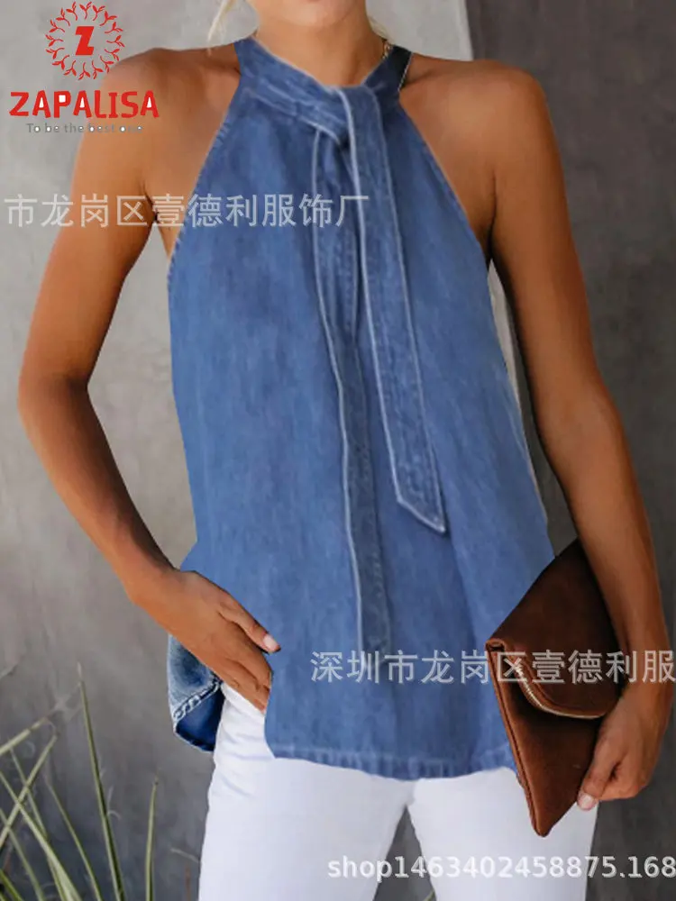 Модные женские летние однотонные джинсовые футболки бандажный дизайн Холтер без