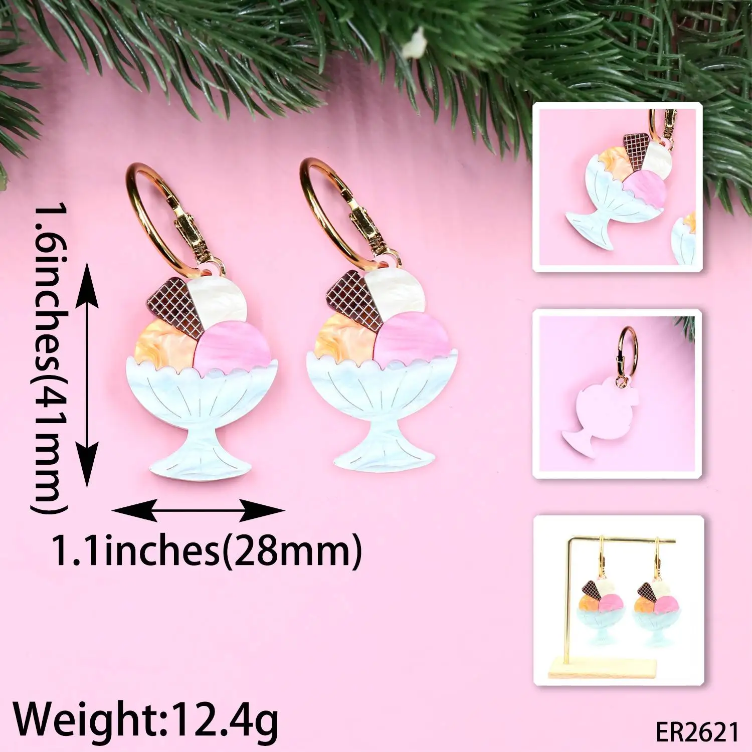 XCXER2621 Summer Unisex Vintage Earrings Colorful Ice Cream &amp Dessert Patchwork UV Laser Cut Hoop Floral Flower Shape