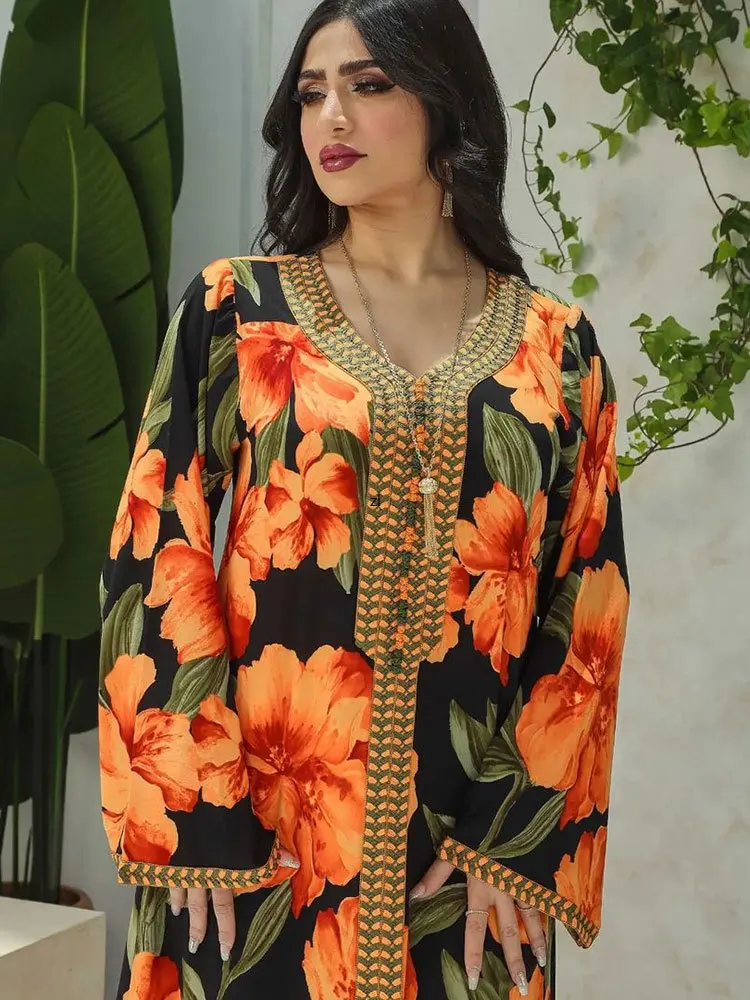 Braided Trim Dress Floral Abaya Women Muslim Arabic Long Dresses Saudi Gulf Robe Black Orange Dubai Modest Abayas Jalabiya