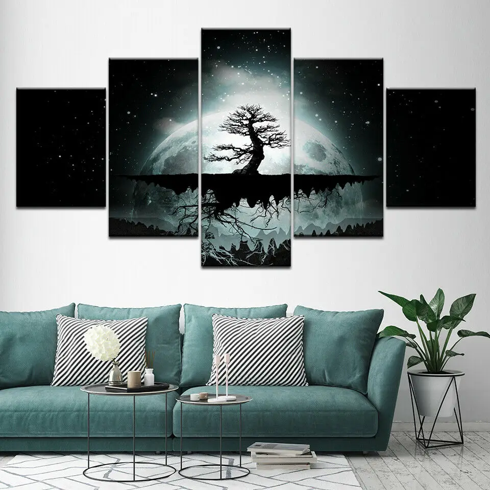 

5 Panel Moon Night Psychedelic Forest Poster Painting Wall Art Print Home Decor HD Pictures No Framed Paintings