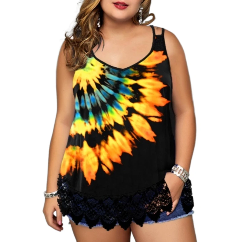 Plus Size Big Tops Large Size Tie-Dye Printed Lace Stitching Spaghetti-Strap Camisole Basic Sleeveless Tops Women Custom T Shirt