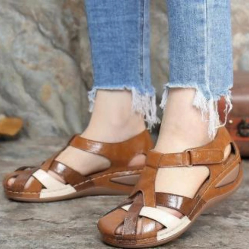 

Spring and Summer Sandals Retro Round Head Car Line Non-slip Light Soft Bottom Velcro Wedge Sandals Female Hollow Large Size