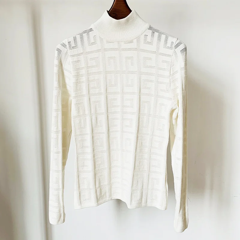 

Fashion New Labyrinth Figure Tops Sweater Pants Jacquard Knitted Black White Sexy Hollow Perspective Turtleneck Sweater 2022