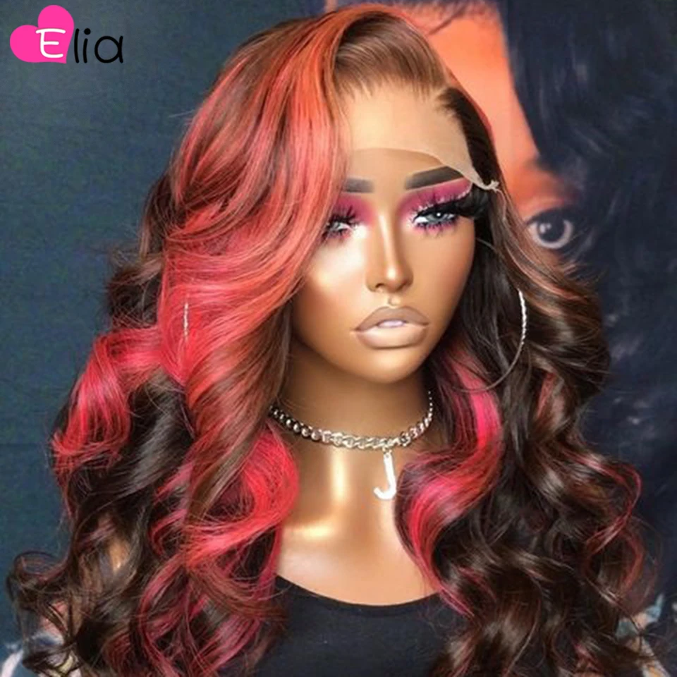 Highlights Pink HD 13x6 Lace Frontal Human Hair Wis Stripe Body Wave 4x4 5x5 Lace Closure Wig for Women Remy Hair with Baby Hair