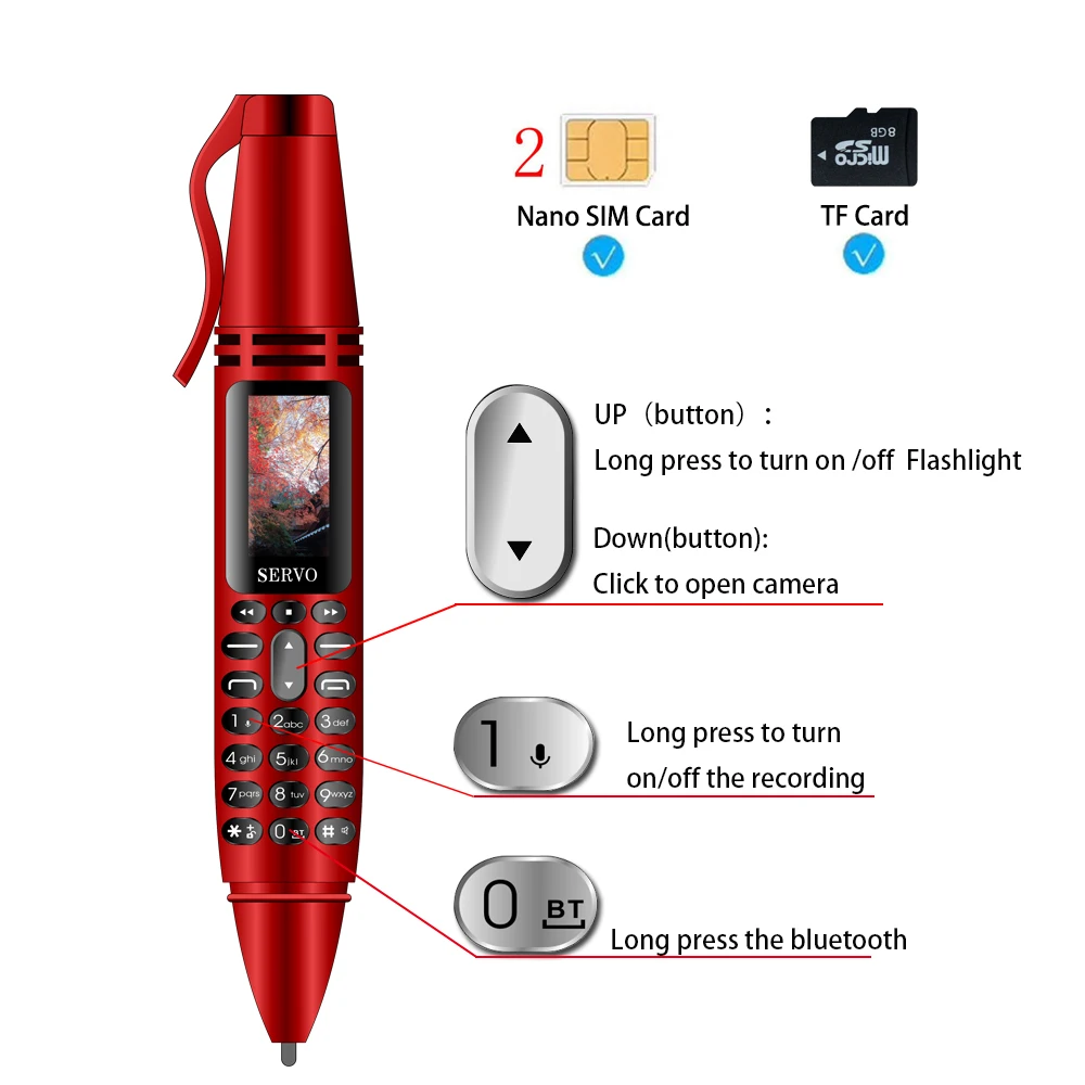 SERVO K07 Pen Cellphone Dual SIM Call Recording Bluetooth Dial Speed Dial Magic Voice 0.96