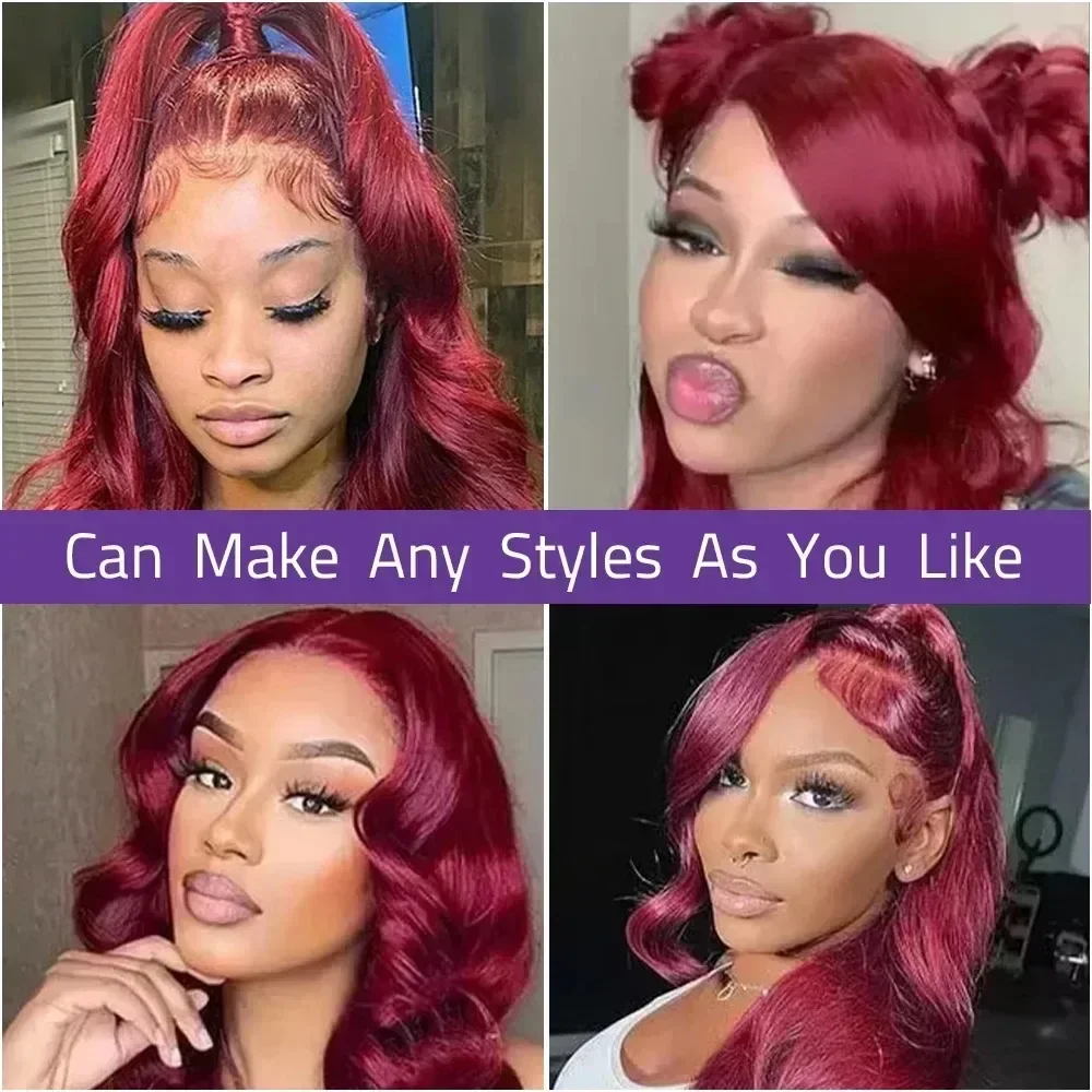 99J Бордовый парик из натуральных волос на кружеве объемная волна красные цветные