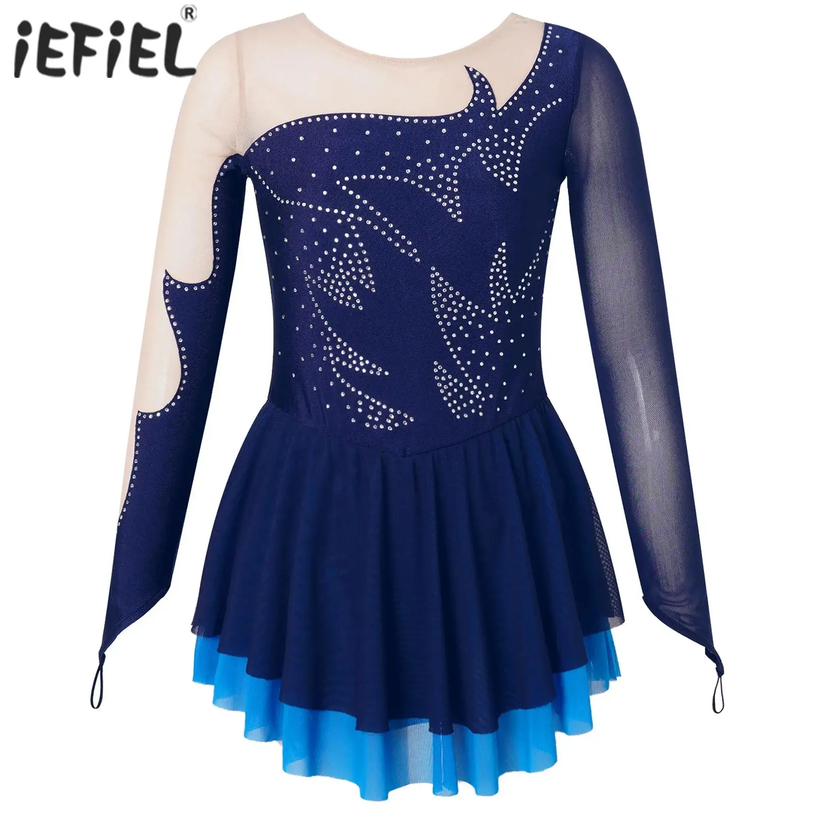 

Детское платье с блестками для девочек, платье с длинным рукавом для катания на коньках, платье с юбкой, танцевальный костюм для соревнований