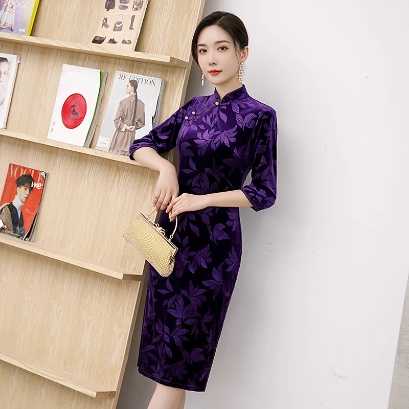 Новогоднее красное бархатное платье Cheongsam с рукавом 3/4 средней длины винтажное в