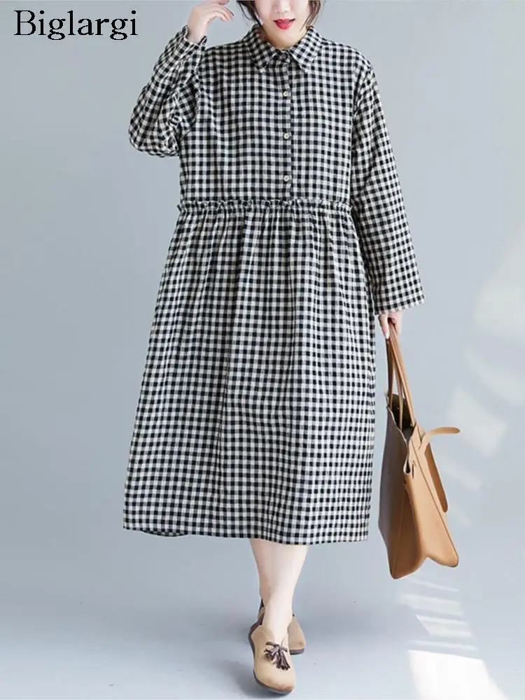 

Oversized Autumn Midi Dress Women Plaid Print Long Sleeve Loose Ladies Dresses Casual Fashion Pleated Woman Dress 2023