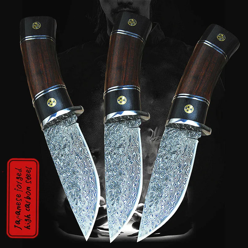 Дамасский сандаловый уличный прямой нож для охоты на открытом воздухе в