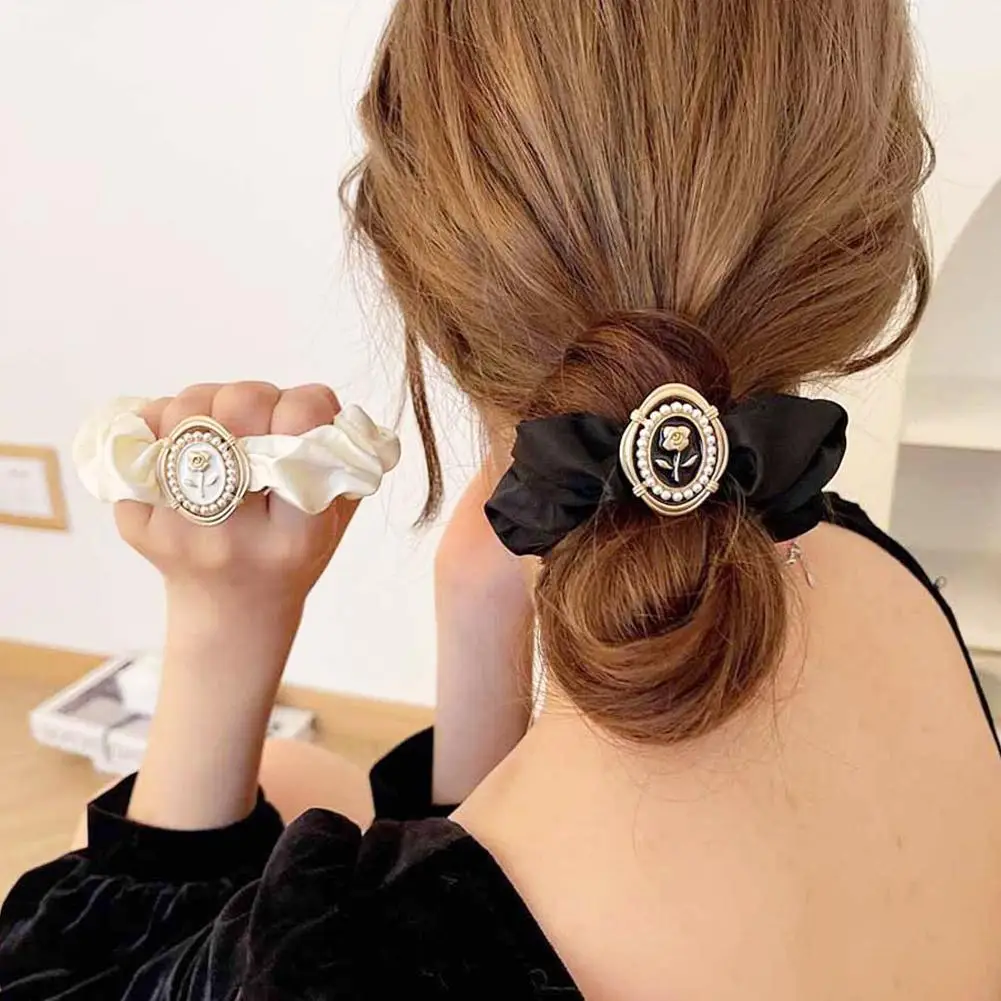 

Vintage Satin Large Intestine Hair Ring French Retro Simple Rose Hair Rope Temperament Women Girls Headwear Hair Accessories