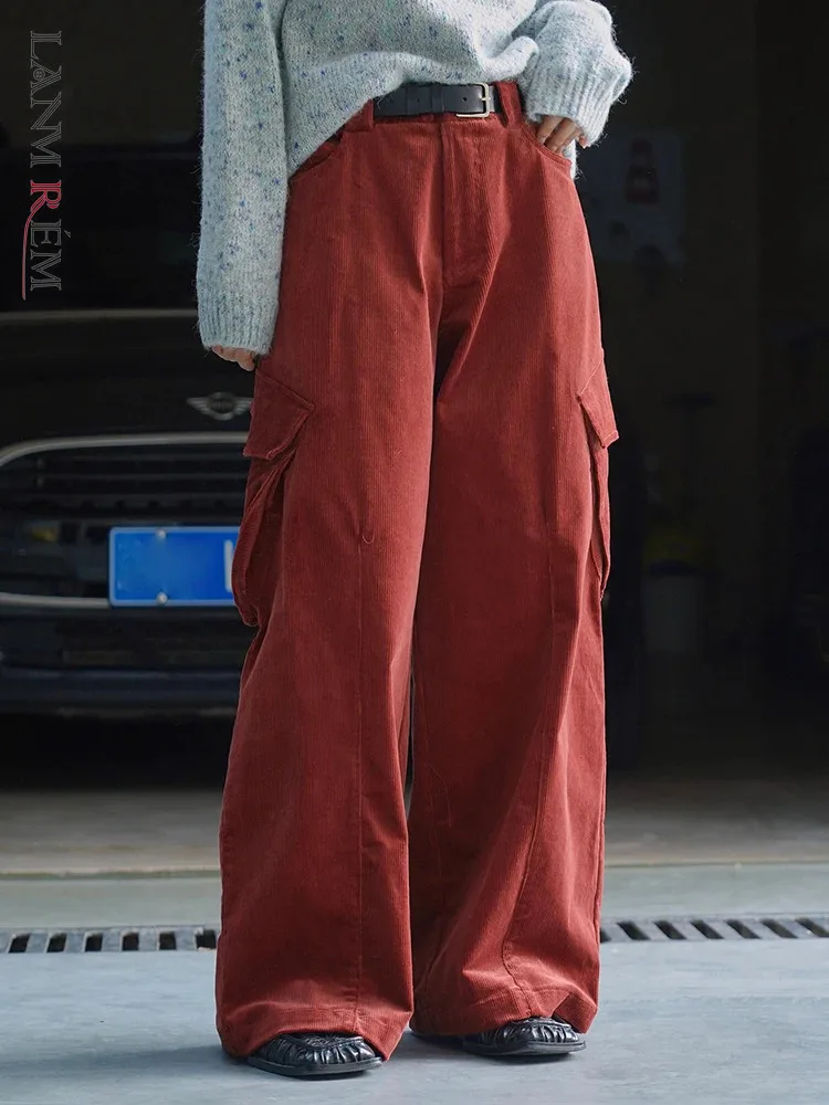 

Винтажные вельветовые Теплые брюки LANMREM с высокой талией для женщин, однотонные дизайнерские плотные уличные брюки с карманами, одежда, новинка зимы 2023, 26D6873