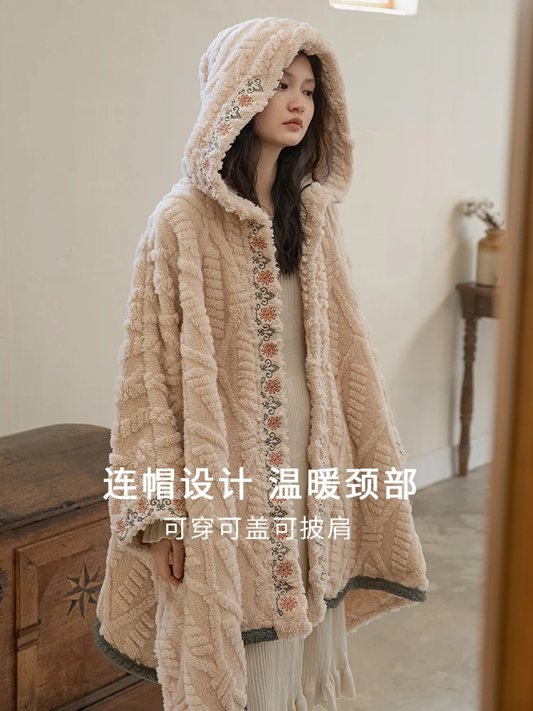 Pajamas Women's Winter Coral Fleece Cloak Lunch Break Cloak Thickened Outerwear Nightgown Mid-Length Homewear
