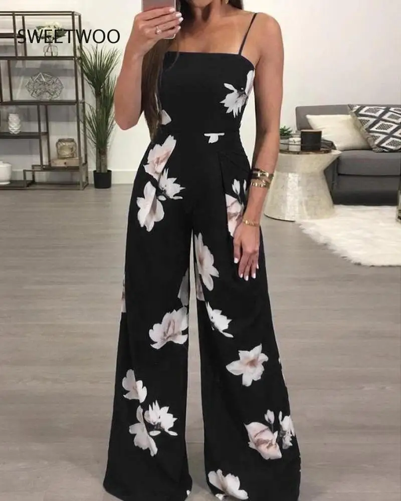New Women Sexy Sleeveless Casual Floral Print Elegant Summer Open Back Strappy Jumpsuit Trousers Overalls for Women Denim