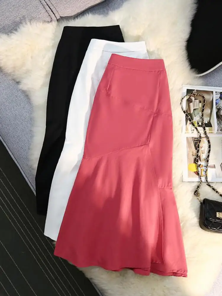 

Летняя элегантная длинная юбка, женская модная Асимметричная юбка-трапеция с запахом, Офисная Женская однотонная универсальная юбка миди для женщин