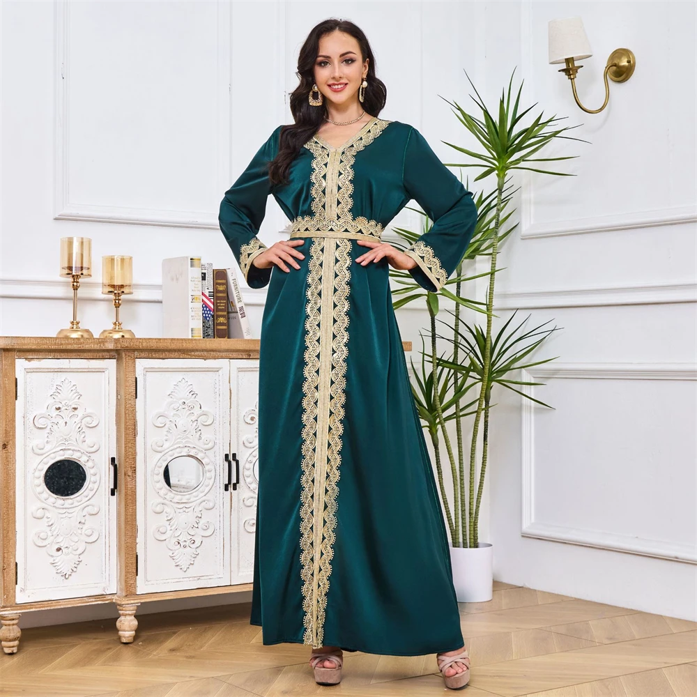 

Дубай абайя мусульманская мода кружева вышивка длинный рукав V-образный вырез пояс Одежда марокканские элегантные женские длинные платья мусульманское платье