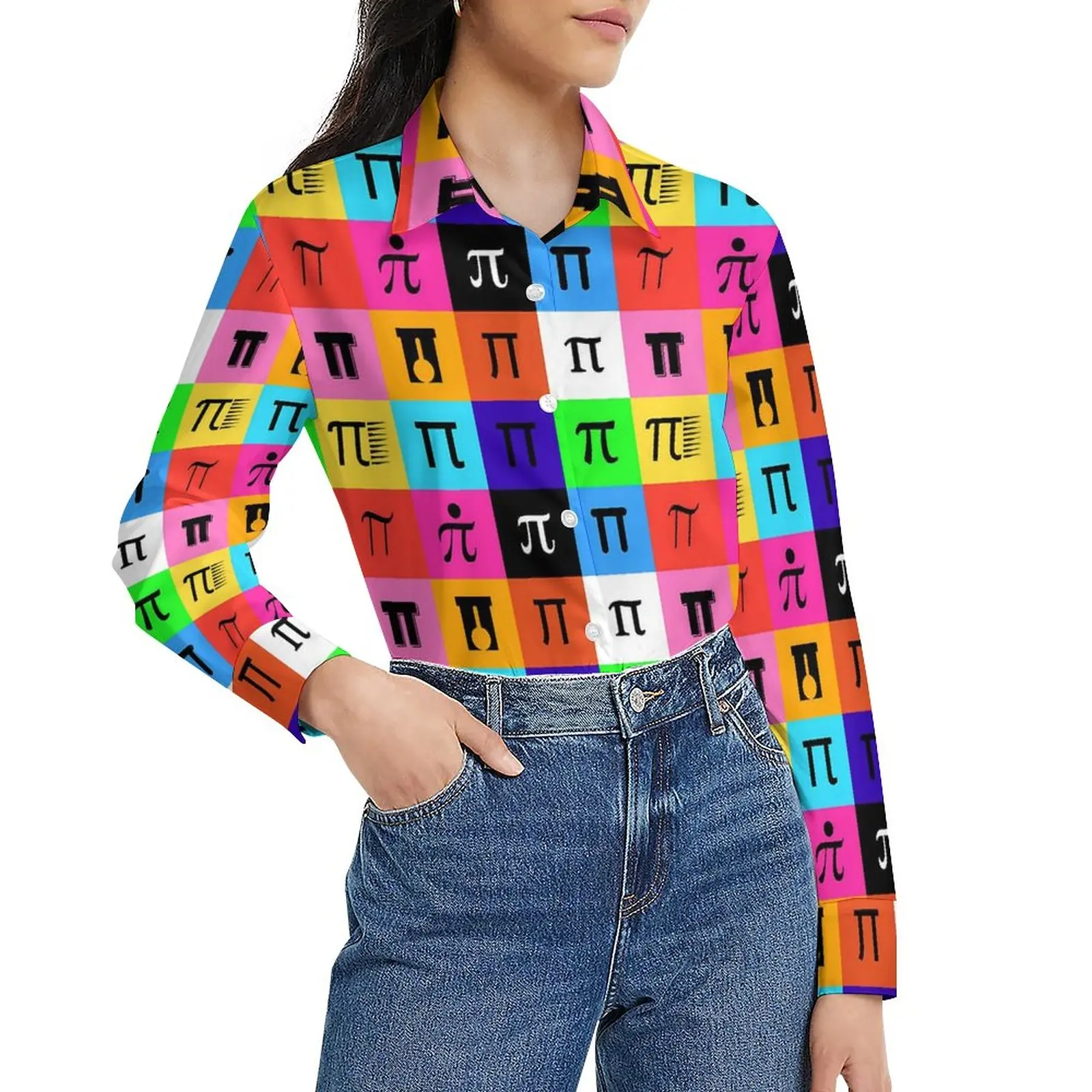 

Colorblock Loose Blouse Happy Pi Day Casual Oversized Blouses Womens Long Sleeve Cool Shirt Spring Graphic Tops