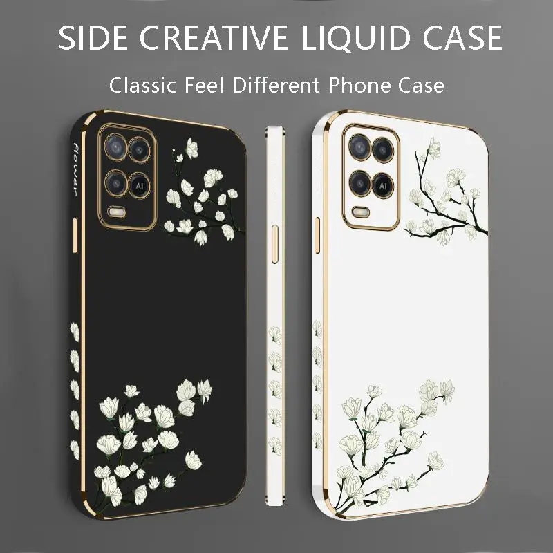 White Plum Blossom Luxury Plating Phone Case For Oppo A15 A15S A16 A16K A76 A77 A78 A53 A54 A55 A92 A94 A95 A83 F19 Cover