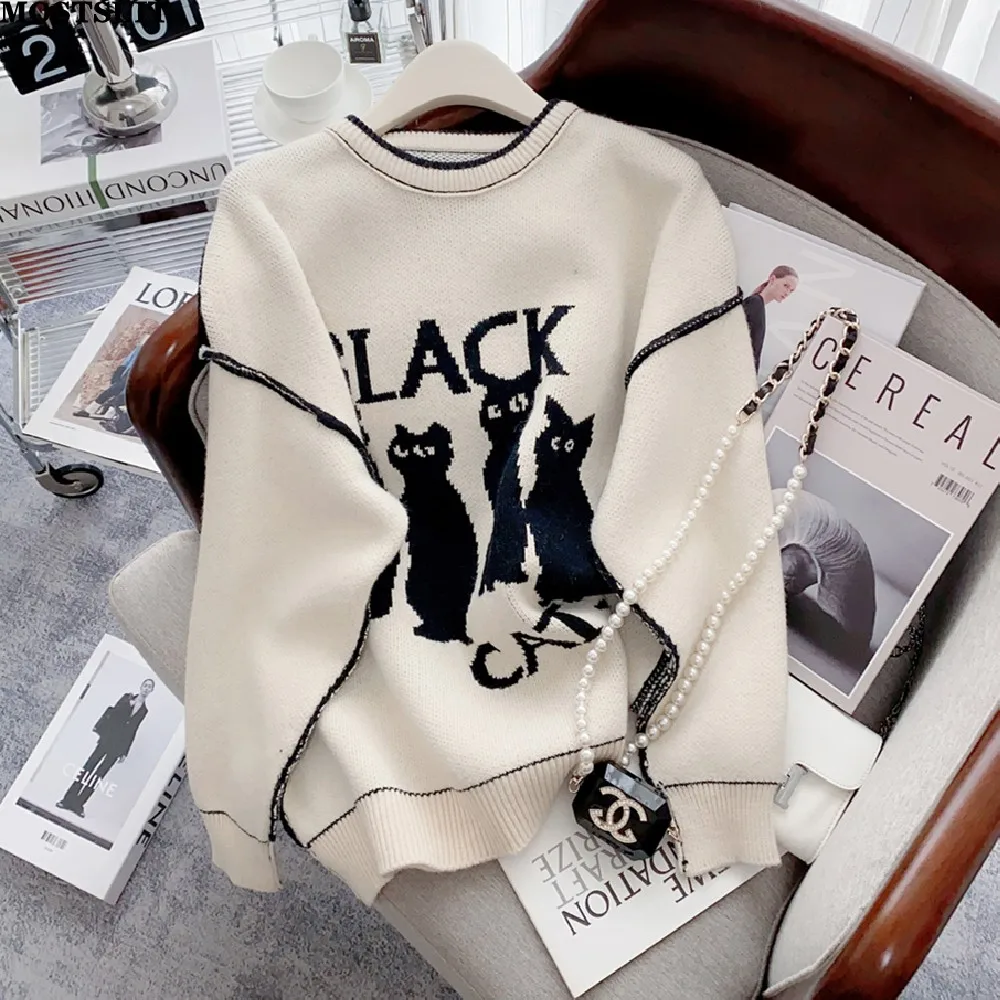 

Letter Cartoon Jacquard Sweater Pullover Women Vintage Casual Fashion Loose Tops Jumpers Long Sleeve O-neck Ladies Sweaters 2023