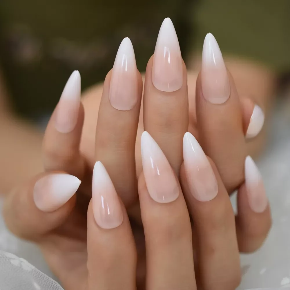 

NEW2023 Ombre French Stilettos Fake Nails Gradient Pink Nude Long Sharp Artificial UV False Salon Party Nail Tips Faux Ongle