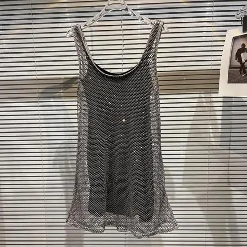 

2022 Summer Dress Woman New Nightclub Hollow Shinny Rhinestone Mesh Outer Lining Inner Two-Piece Sling Dresses Femme Vestidos