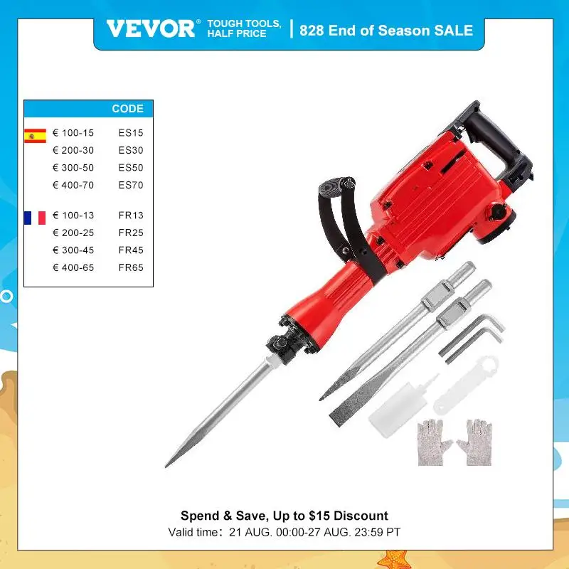 VEVOR 2200W Electric Demolition Jack Hammer Drill with 3 Chi