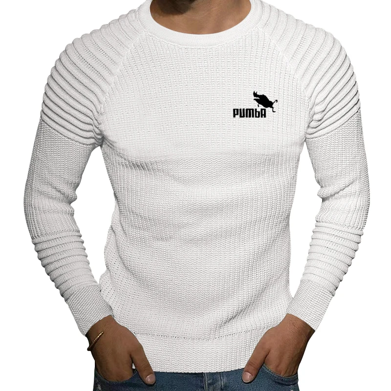 Autumn and Winter New Men's Slim Fit Knitted Sweater Round Neck Solid Color Panel Shoulder Folding Bottom Fashion Top