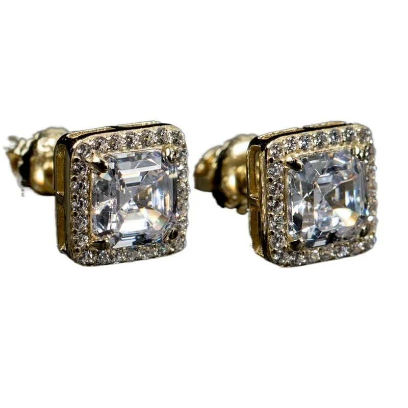 

Exquisite Square Gold Ice Crystal CZ Emerald Shaped Cutting Men's Diamond Earrings Women's Engagement Wedding Jewelry