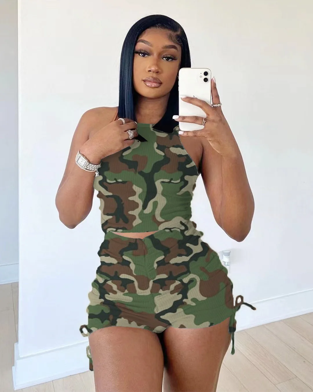 

Женский трикотажный спортивный костюм с камуфляжным принтом, привлекательный укороченный топ на шнуровке и шорты с рюшами, комплект из 2 предметов, летняя повседневная Уличная одежда Y2K, 2023