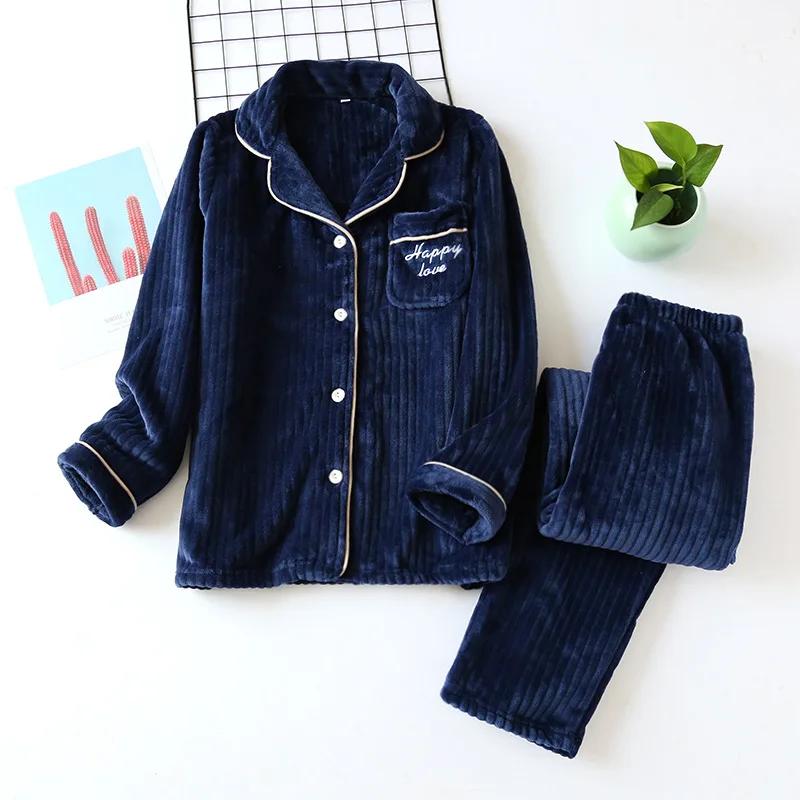 Women's Winter Fleece Pajama Set Turn Down Collar Ladies Homesuit Solid Long Sleeve Single Breasted Sleepwear For Female