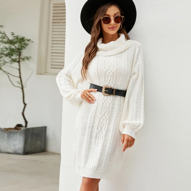 

Autumn/winter sweater dress Versatile loose knit dress Cable-fledged turtleneck sweater