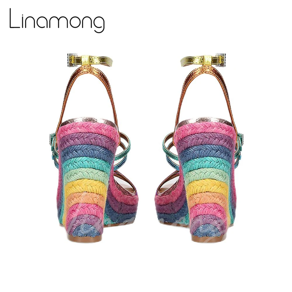 Rainbow Print Espadrille Wedges Genuine Leather Buckle Sandals Mixed Color Rhinestone Bling Bling High Heels Women Summer Shoes