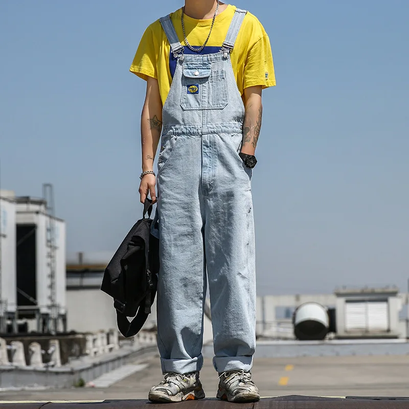 Men's Denim Bib Overalls Fashion Pocket Jumpsuit Men Loose Jeans Suspender Pants Hip Hop Straight Leg Trousers Black Grey Blue