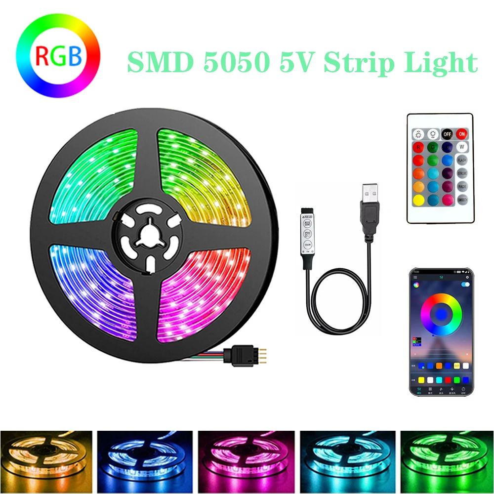 Светодиодная RGB-лента 5050, 5 В, USB, Bluetooth-контроллер, 0,5-5 м, 12 светодиодов/м, светодиодная лента для подсветки телевизора, спальни, украшения дома
