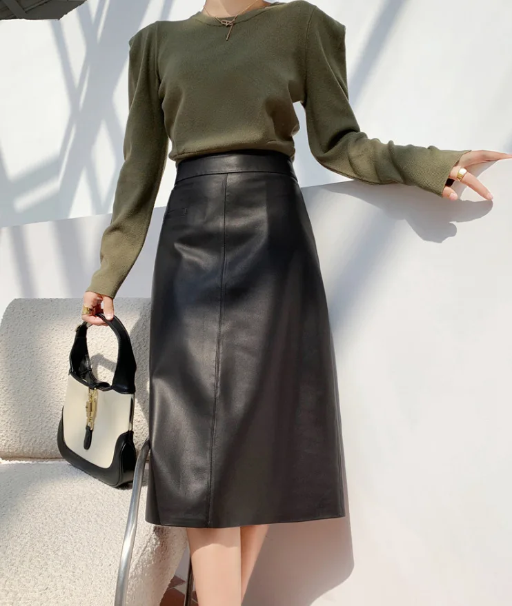 Женская юбка из натуральной овечьей кожи средней длины с высокой талией 2024