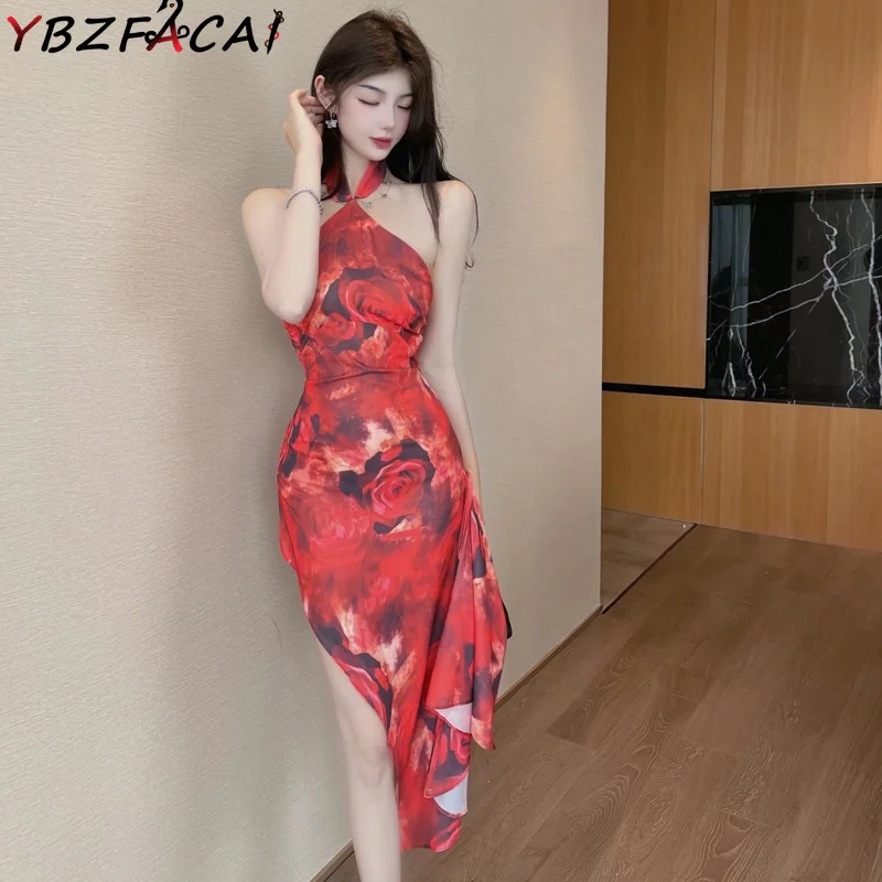 

High End Red Tube Top High Waist Body Dress French Romantic Rose Print Irregular Chiffon Dress Women Sexy Nightclub Halter Dress