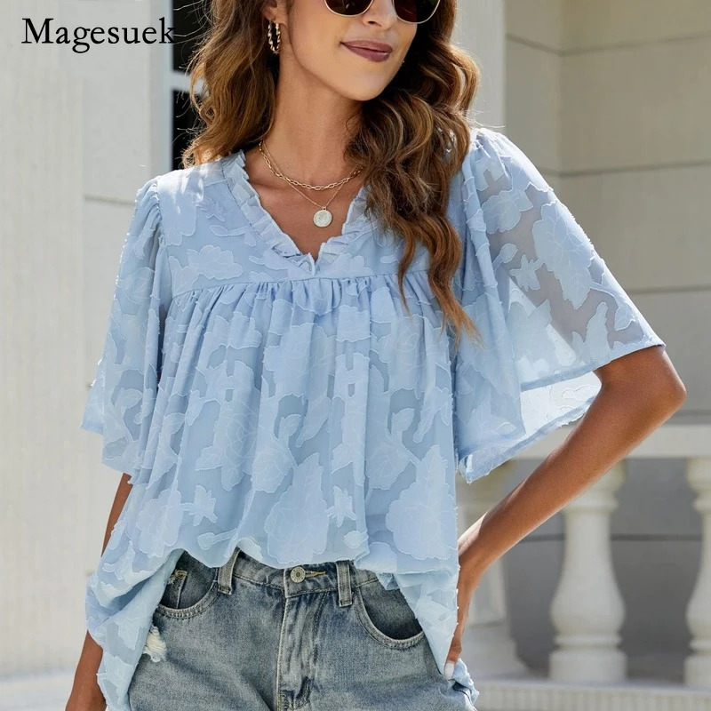 

2022 Summer V-neck Chiffon Blouse Tops New Fashion Flower Texture Short Flare Sleeve Shirt Women Clothing Clothes Blusas 22063