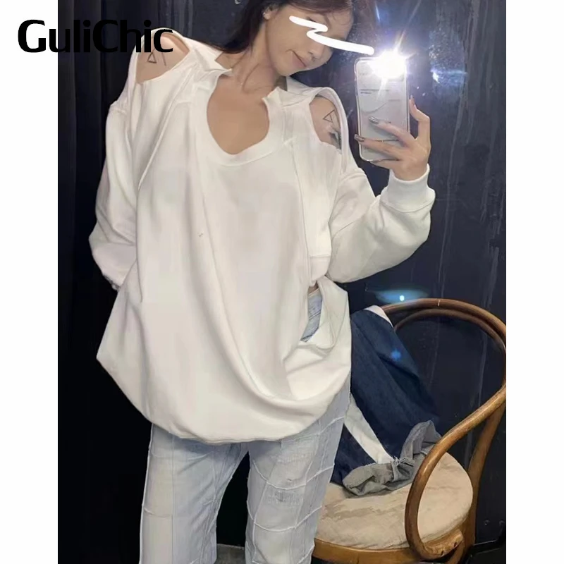 11.3 GuliChic Women Chic Casual Solid Color Irregular Hollow Out Loose Comfortable Pullover Sweatshirt